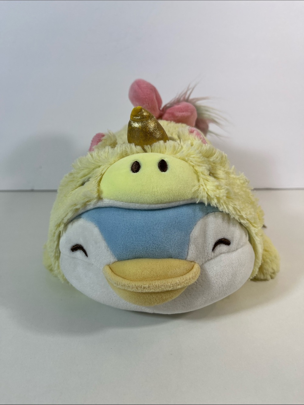 Miniso Plush Penguin in Yellow Unicorn Costume - Soft Bird Toy